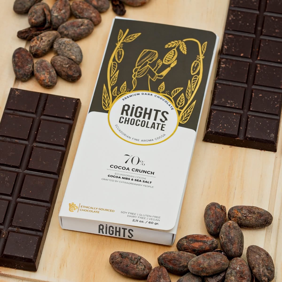 Barra Rights Cacao Crunch 70 % con nibs y sal marina