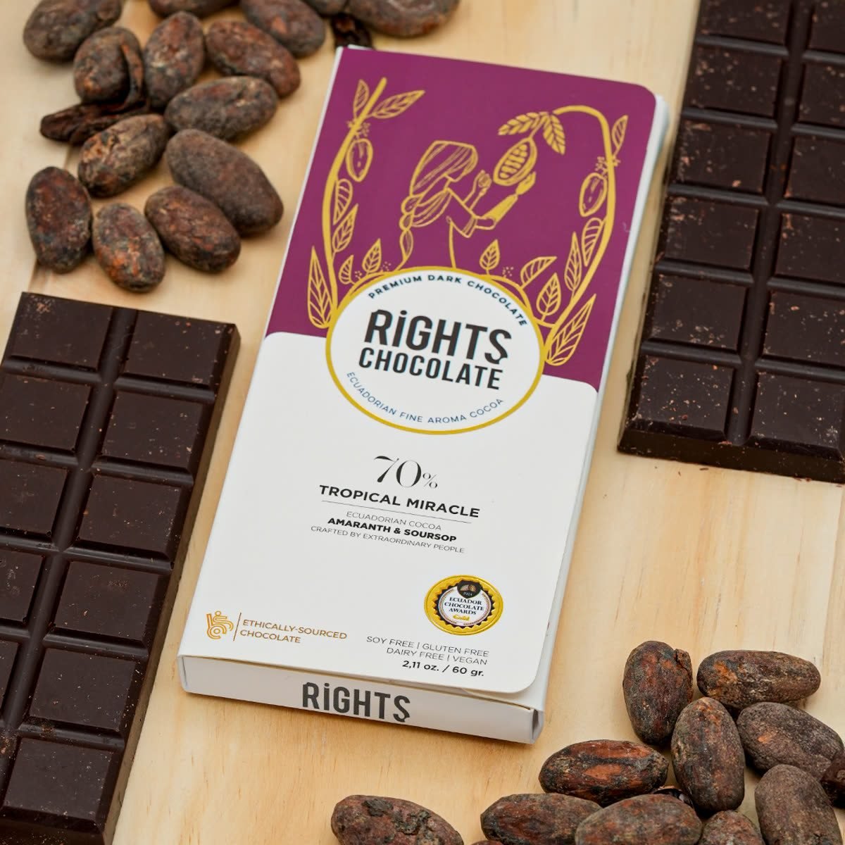 Barra Rights Milagro Tropical 70 % con amaranto y guanábana