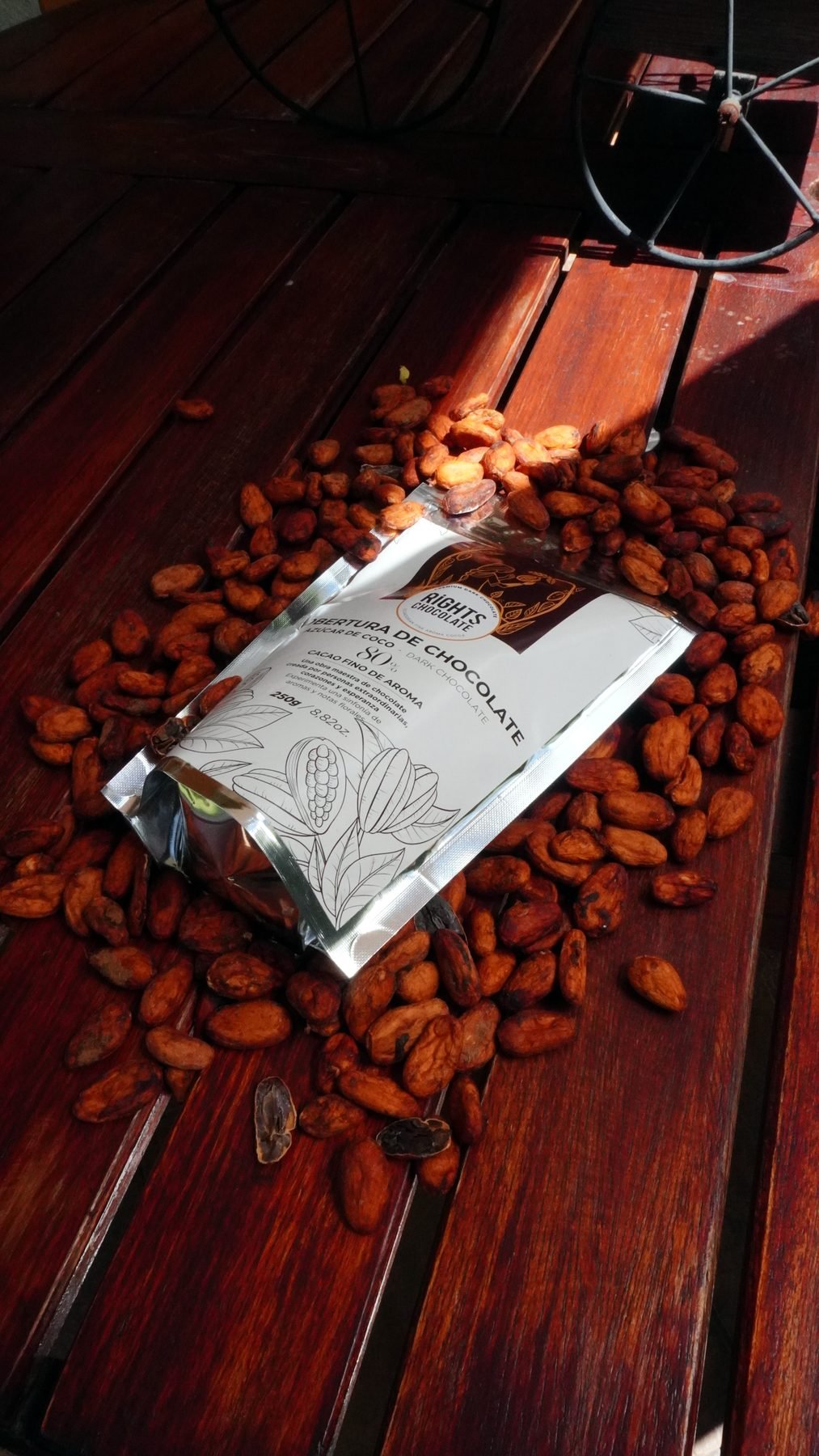 Bolsa de cobertura Rights sobre mesa de madera roja con granos de cacao