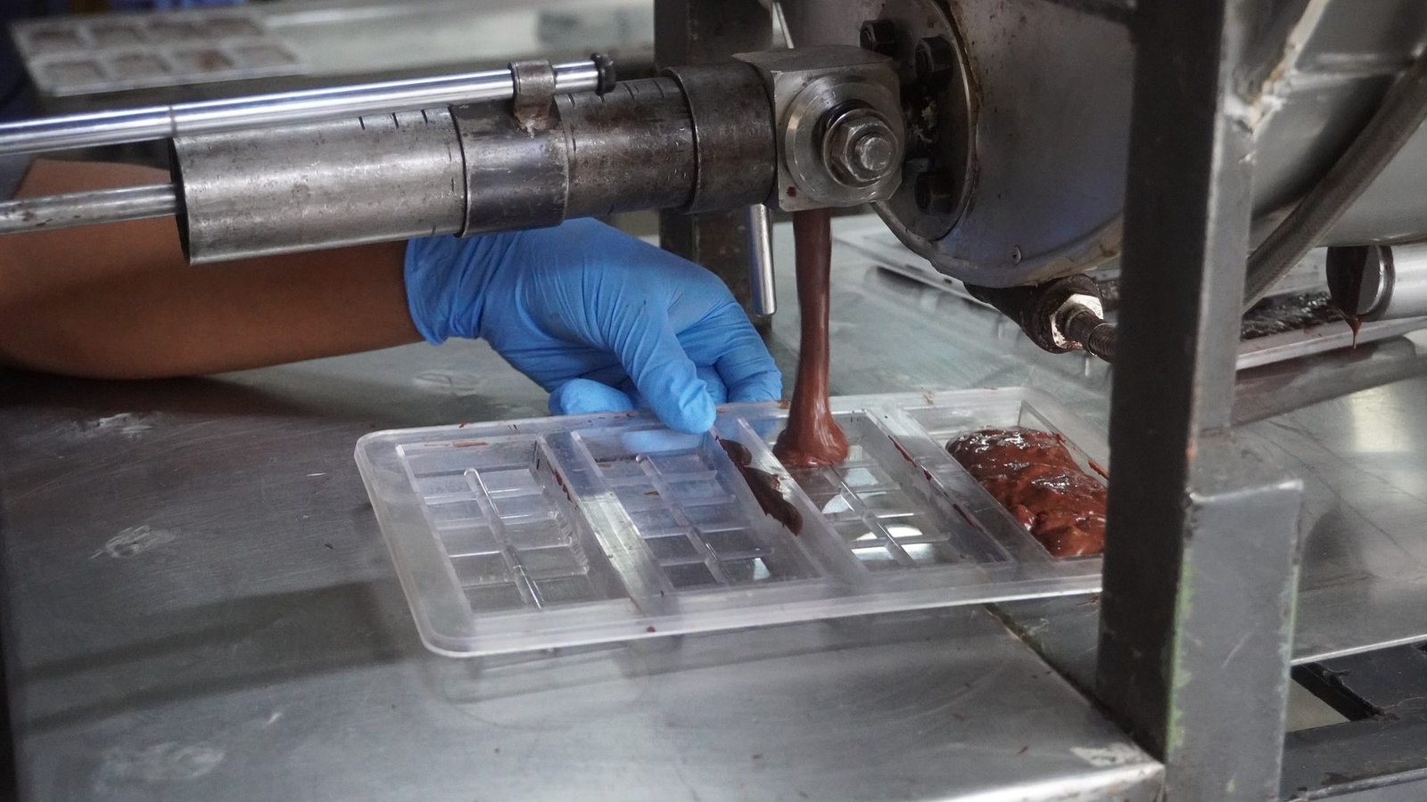 Mano con guante llenando un molde de barras con chocolate templado en la planta