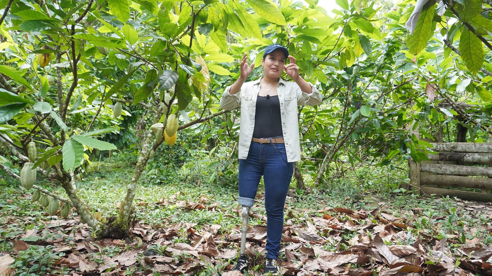 Mujer de pie entre árboles de cacao con mazorcas en los troncos
